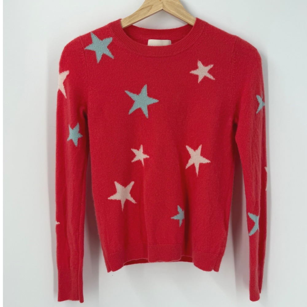 Cynthia Rowley 100% 2-Ply Cashmere Star Print Crewneck Sweater Womens XS Coral